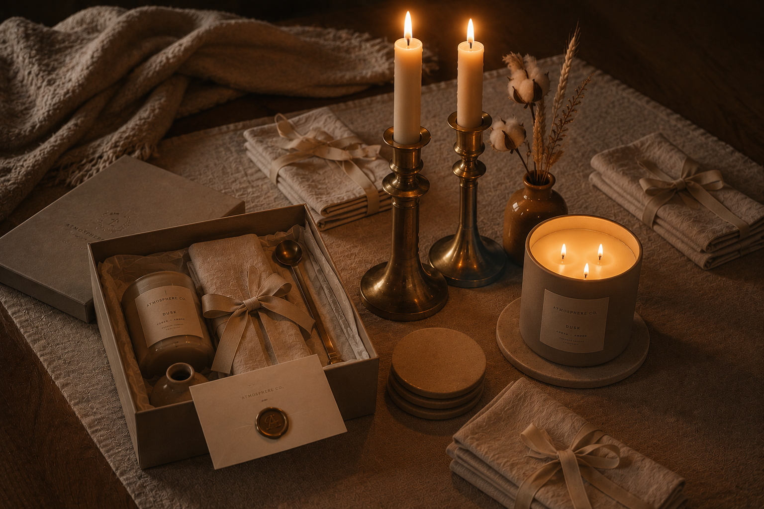 The Dusk Gift Box Luxe — heavyweight stonewashed linen runner, cream linen napkins with linen ribbon, ivory beeswax tapers in solid brass holders, amber ceramic vase with dried botanicals, large-format cedar and amber candle, wax-sealed palette card