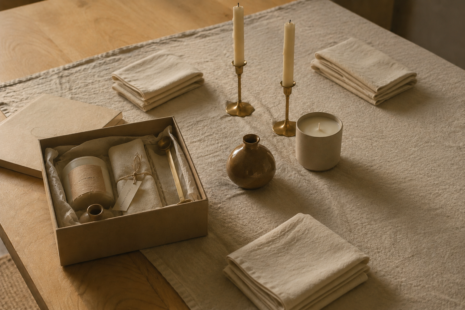 The Dusk Gift Box Standard — stonewashed sand linen runner, cream linen napkins, ivory taper candles, amber ceramic vase, dried botanical, hand-poured cedar and amber candle
