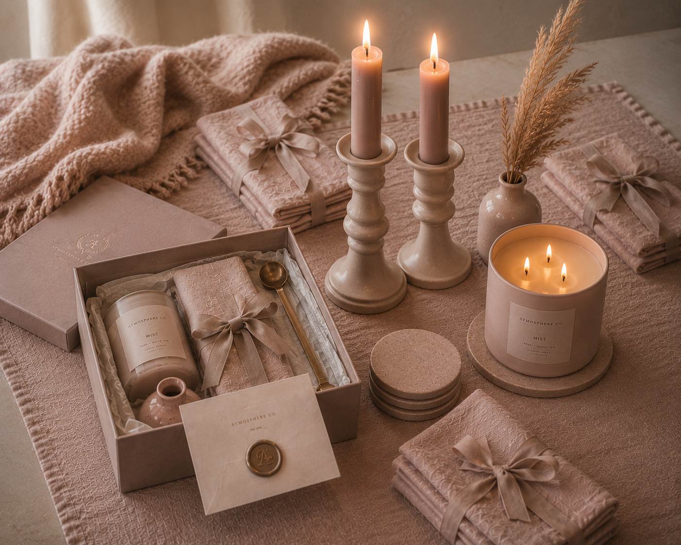 The Mist Gift Box Luxe — heavyweight blush linen runner, dusty pink linen napkins with linen ribbon, blush pillar candle in matte white ceramic holders, narrow ceramic vase with full dried pampas arrangement, large-format rose and white tea candle, wax-sealed palette card