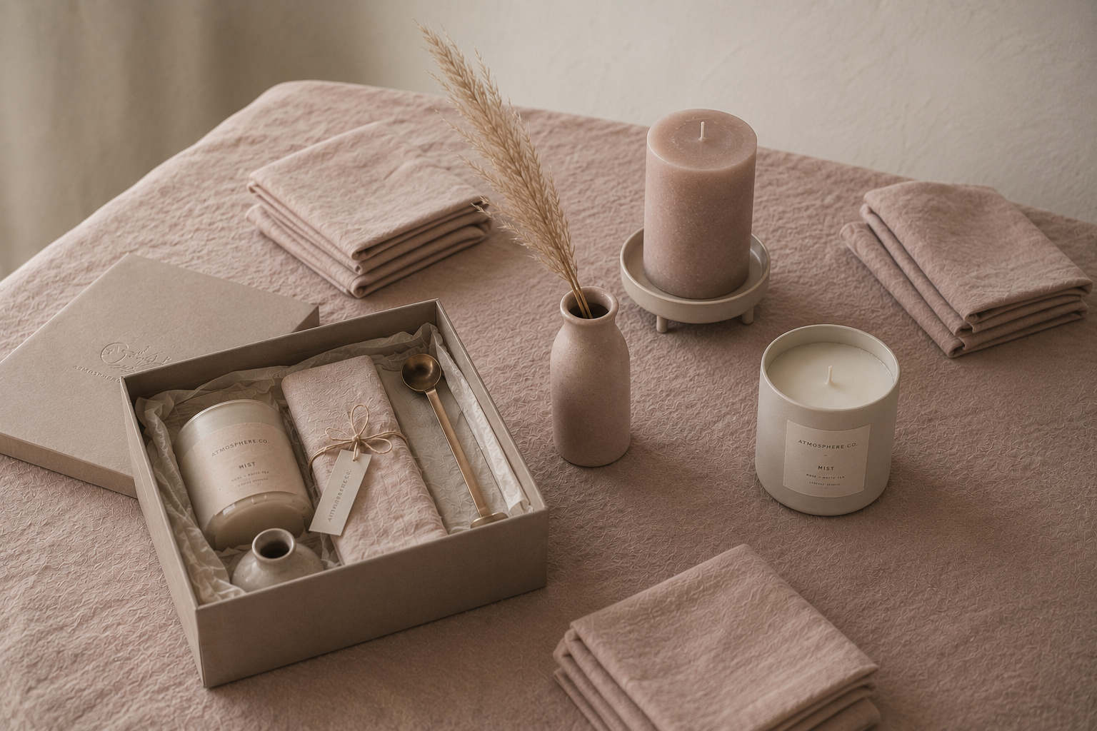 The Mist Gift Box Standard — stonewashed blush linen runner, dusty pink linen napkins, blush pillar candle, ceramic vase with dried pampas stem, hand-poured rose and white tea candle