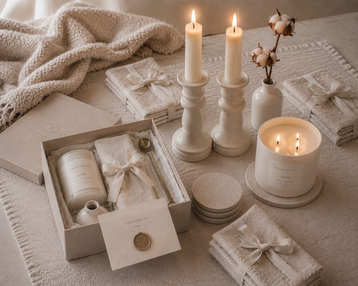 The Stone Gift Box Luxe — heavyweight Belgian flax linen runner, undyed linen napkins with linen ribbon, ivory pillar candle in concrete holders, matte white ceramic vase with two dried cotton stems, large-format linen and eucalyptus candle, wax-sealed palette card