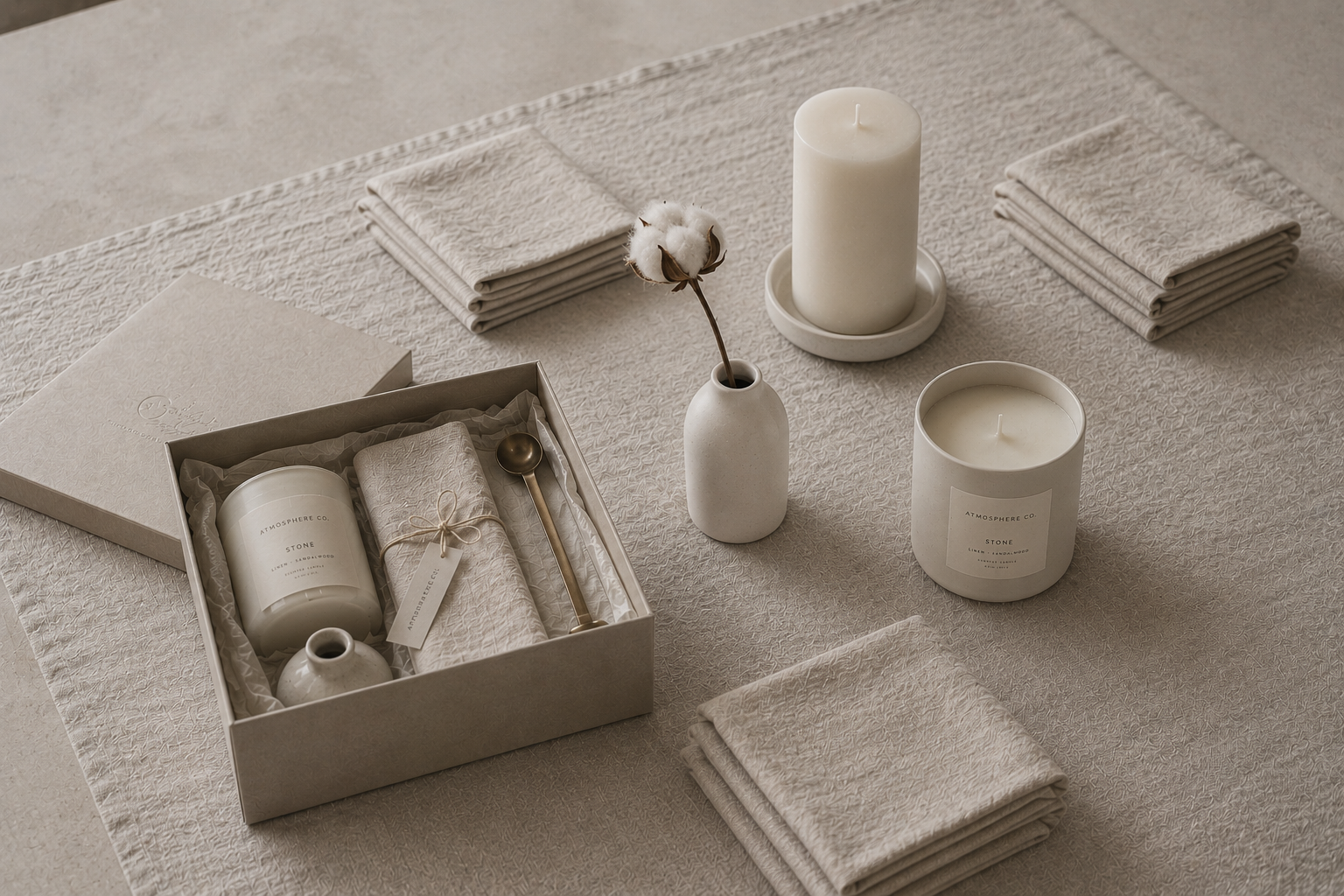 The Stone Gift Box Standard — natural undyed flax linen runner, undyed linen napkins, ivory pillar candle, matte white ceramic vase with dried cotton stem, hand-poured linen and eucalyptus candle